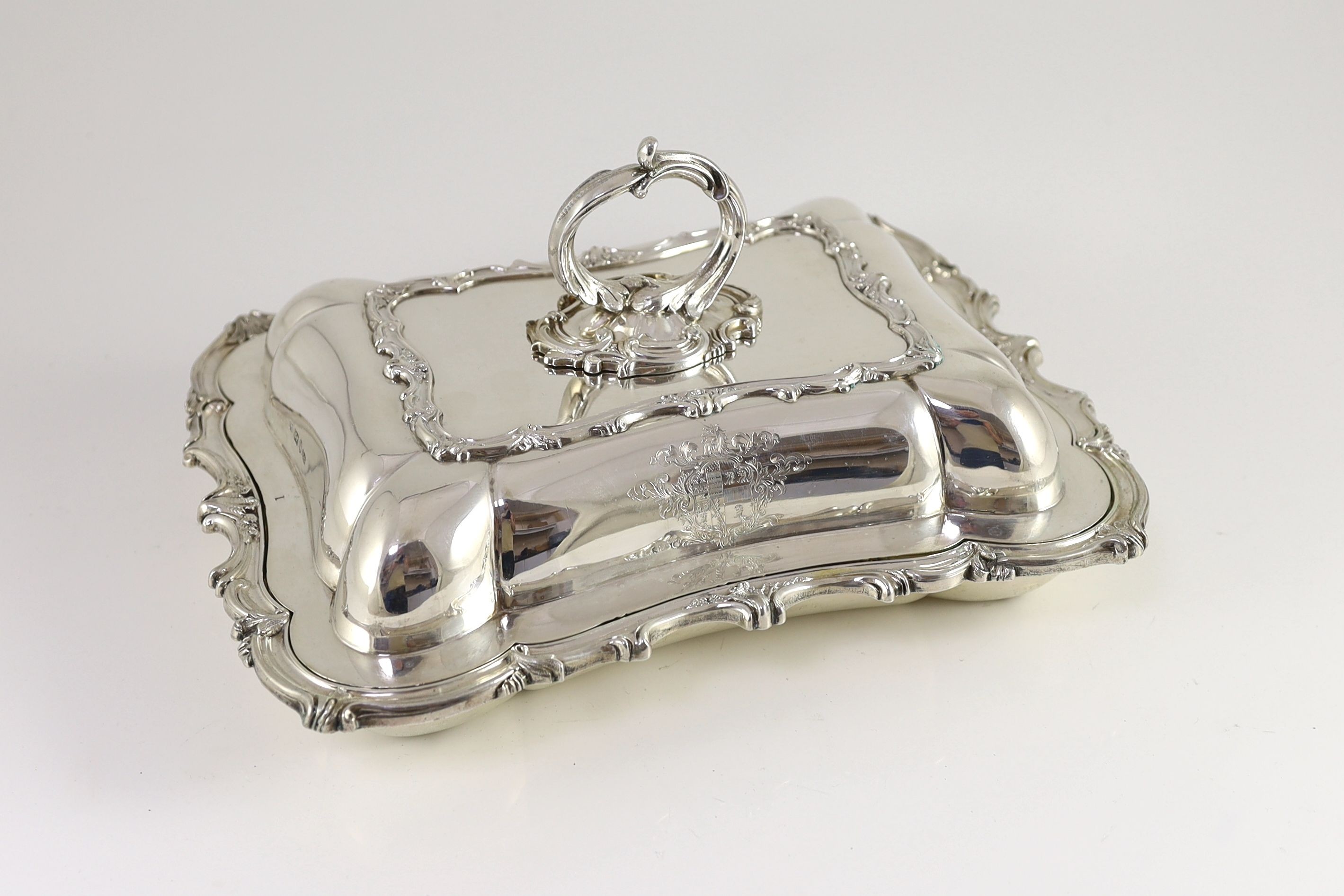 An early Victorian silver tureen and cover with handle, by Samuel Roberts & Co, with engraved presentation inscription and crest, relating to the Ulverston Union